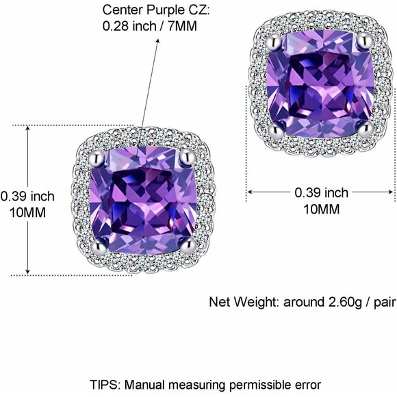 Women's Square Birthstone Cubic Zirconia Mall Dainty Purple Elegant Earring - Picture 2 of 6
